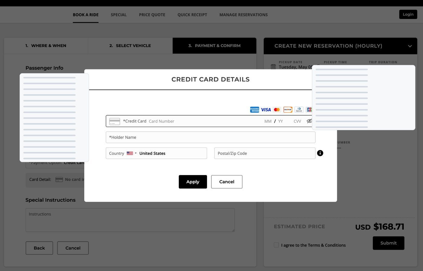 WebConnect credit card details and payment dialog