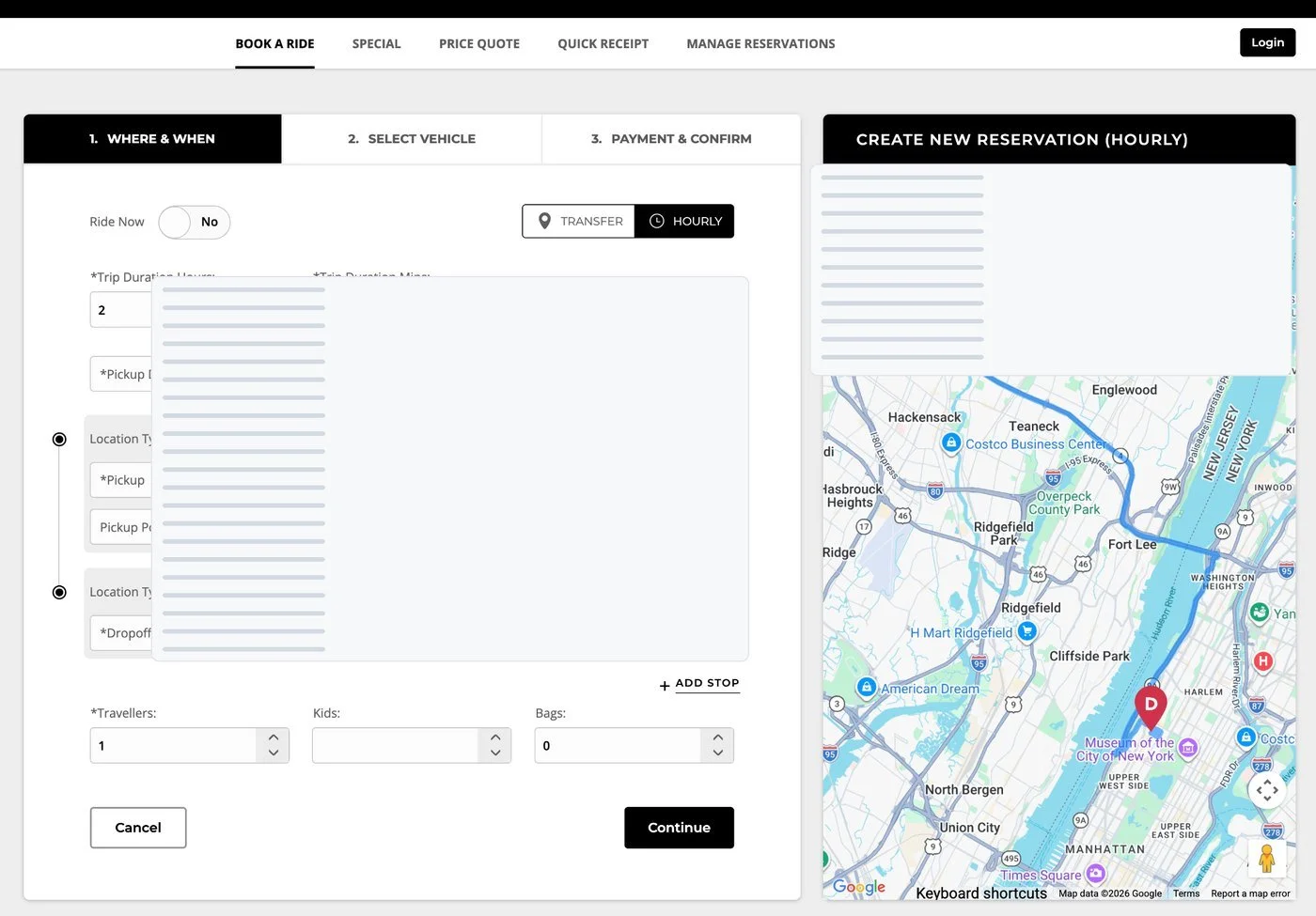 WebConnect where and when booking step