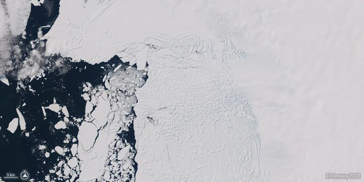 Thwaites Glacier in West Antarctica, pictured here by the Copernicus Sentinel-2 mission in 2019.
