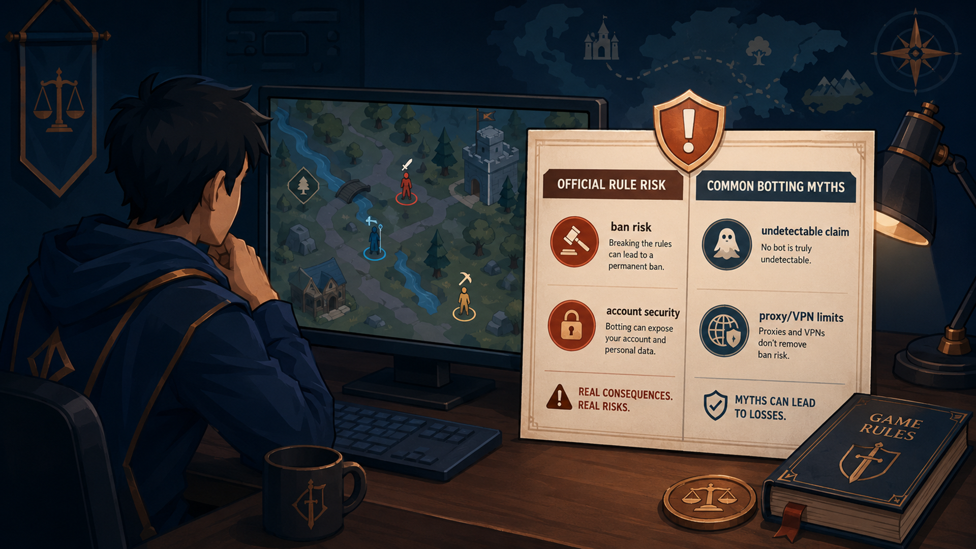Illustration explaining OSRS botting risk factors including detection, flags, IPs, ISP proxies, VPN flags, heatmaps, and account links