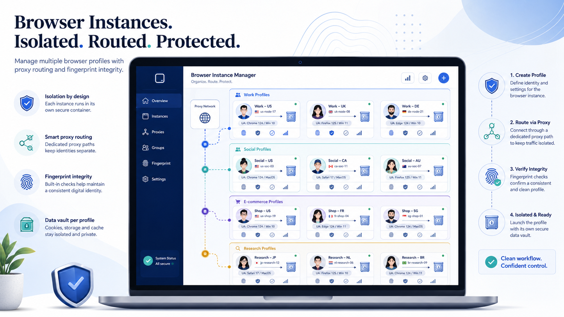 Illustration of Instanciar managing separate browser instances with proxy routes, isolated profiles, and fingerprint checks