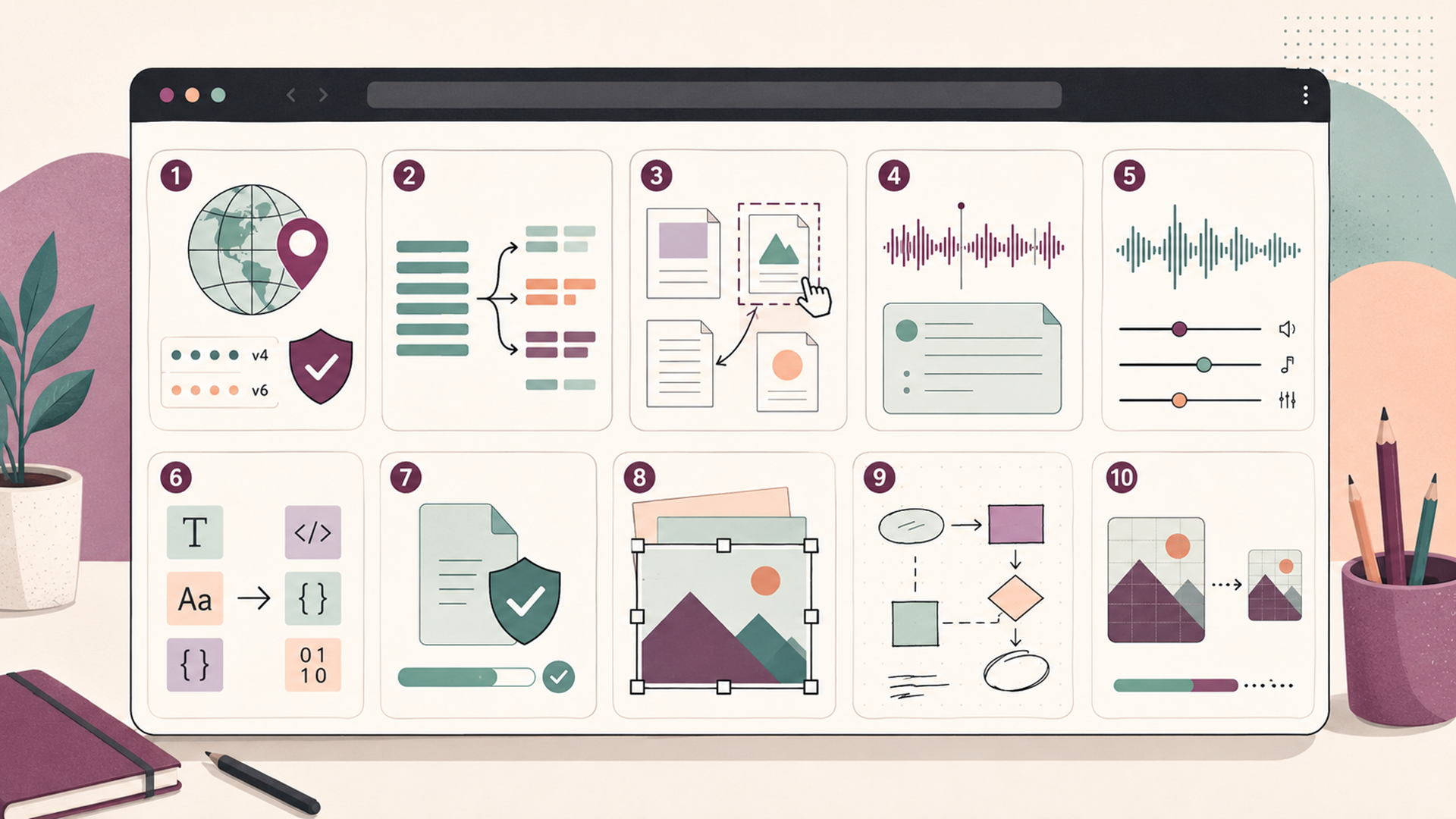 Illustration of a browser workspace showing ten no-install web tools for text, PDFs, IP checks, transcription, audio, formatting, diagrams, image editing, compression, and file safety