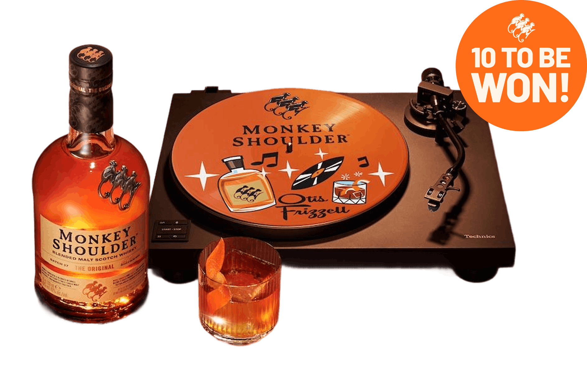 Technics turntable with Otis Frizzell slipmat and Monkey Shoulder bottle