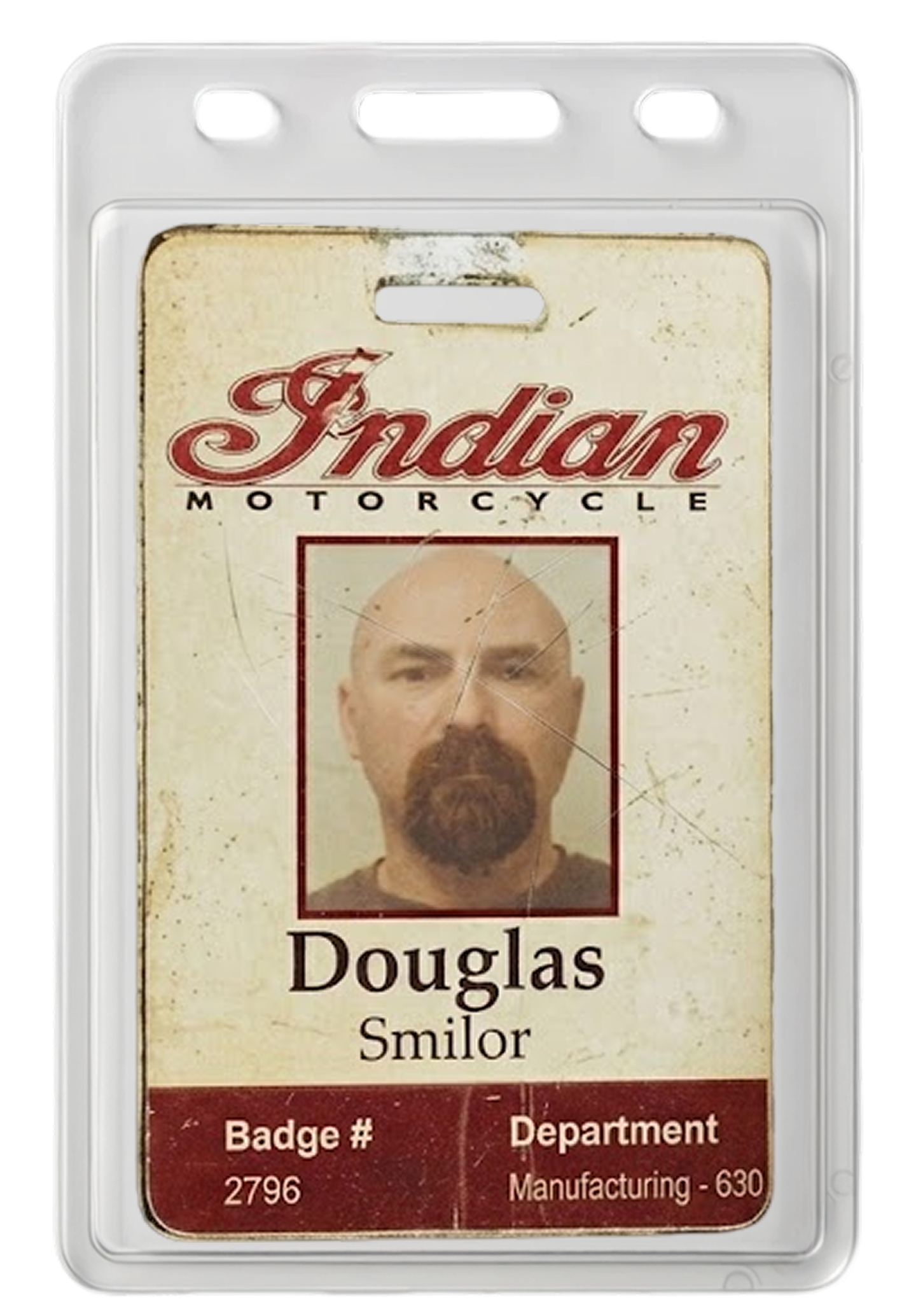 Douglas Smilor Indian Motorcycle employee badge