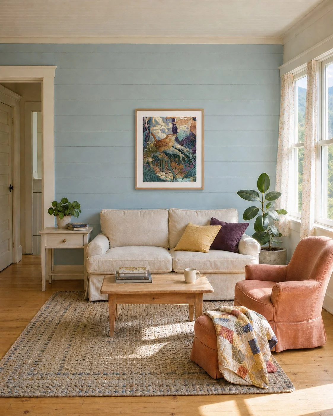 A sunlit living room with a sofa, chairs, and framed Lakehouse artwork.