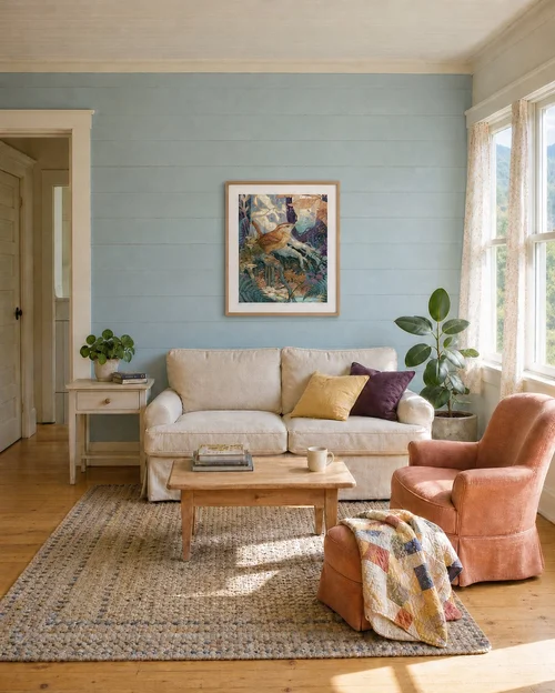Carolina Wren in the Beech Roots 18 by 24 inch Lakehouse Goods Art Print shown with a light-walnut frame and warm mat in a sunlit living room