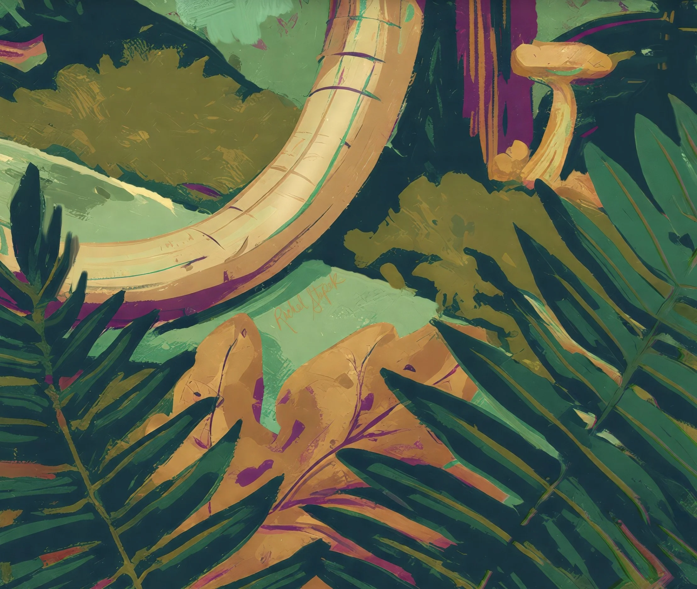 Detail crop from Opossum on the Mossy Log showing the opossum's tail, woodland mushrooms, moss, and Rachel Stepek's artist signature