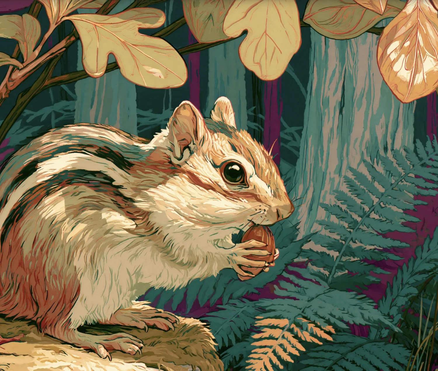 Close detail of an Eastern chipmunk holding a nut beneath sassafras leaves