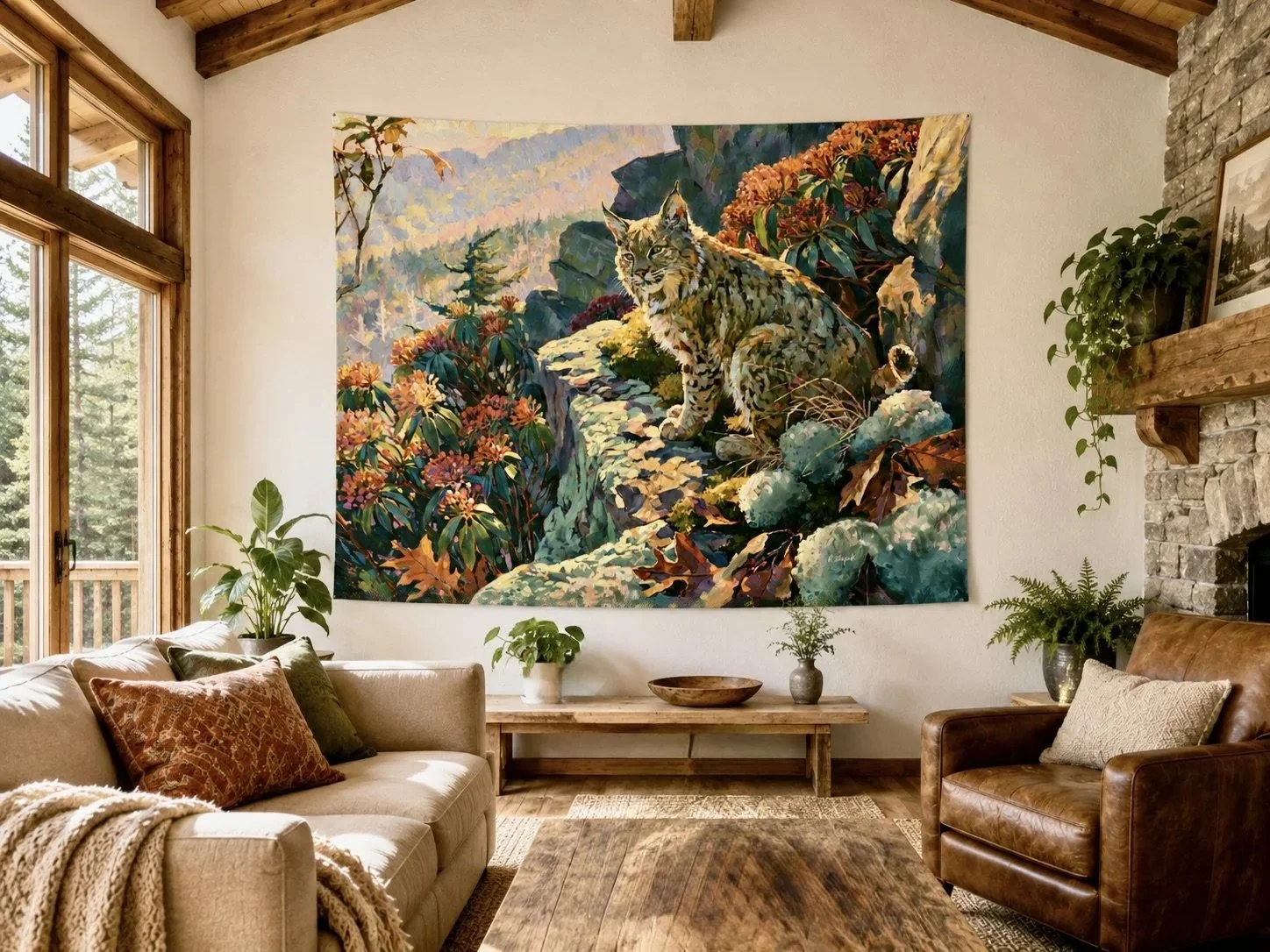 Wildcat Above the Gorge wall tapestry displayed in a warm gathering room beside a stone fireplace