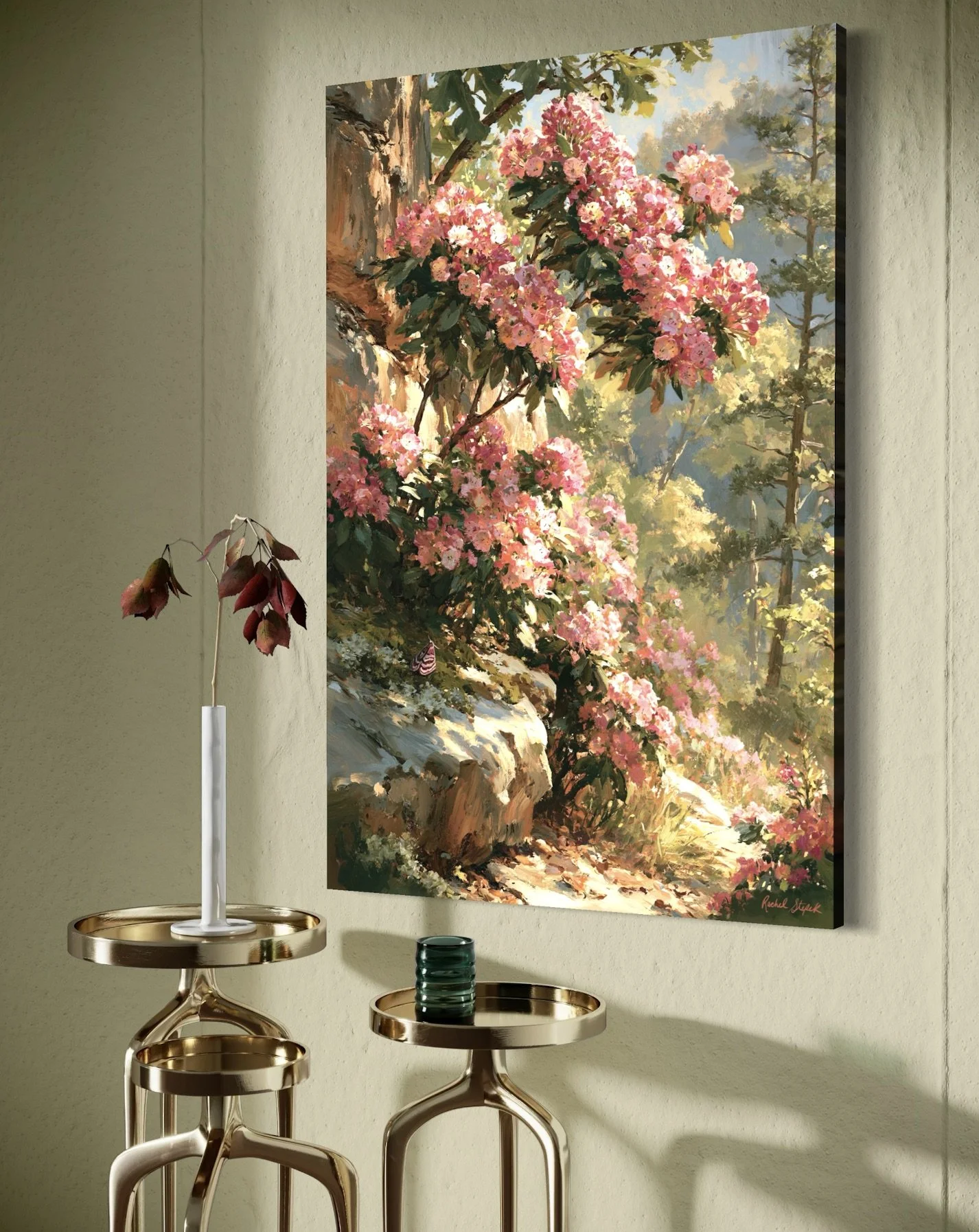 Mountain Laurel on Sandstone Ridge canvas print mockup on green wall