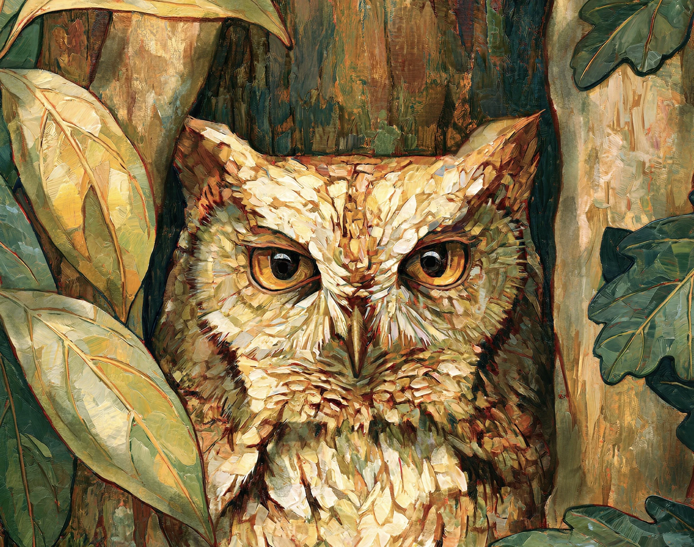 Bark leaves and branch detail in Eastern Screech Owl artwork