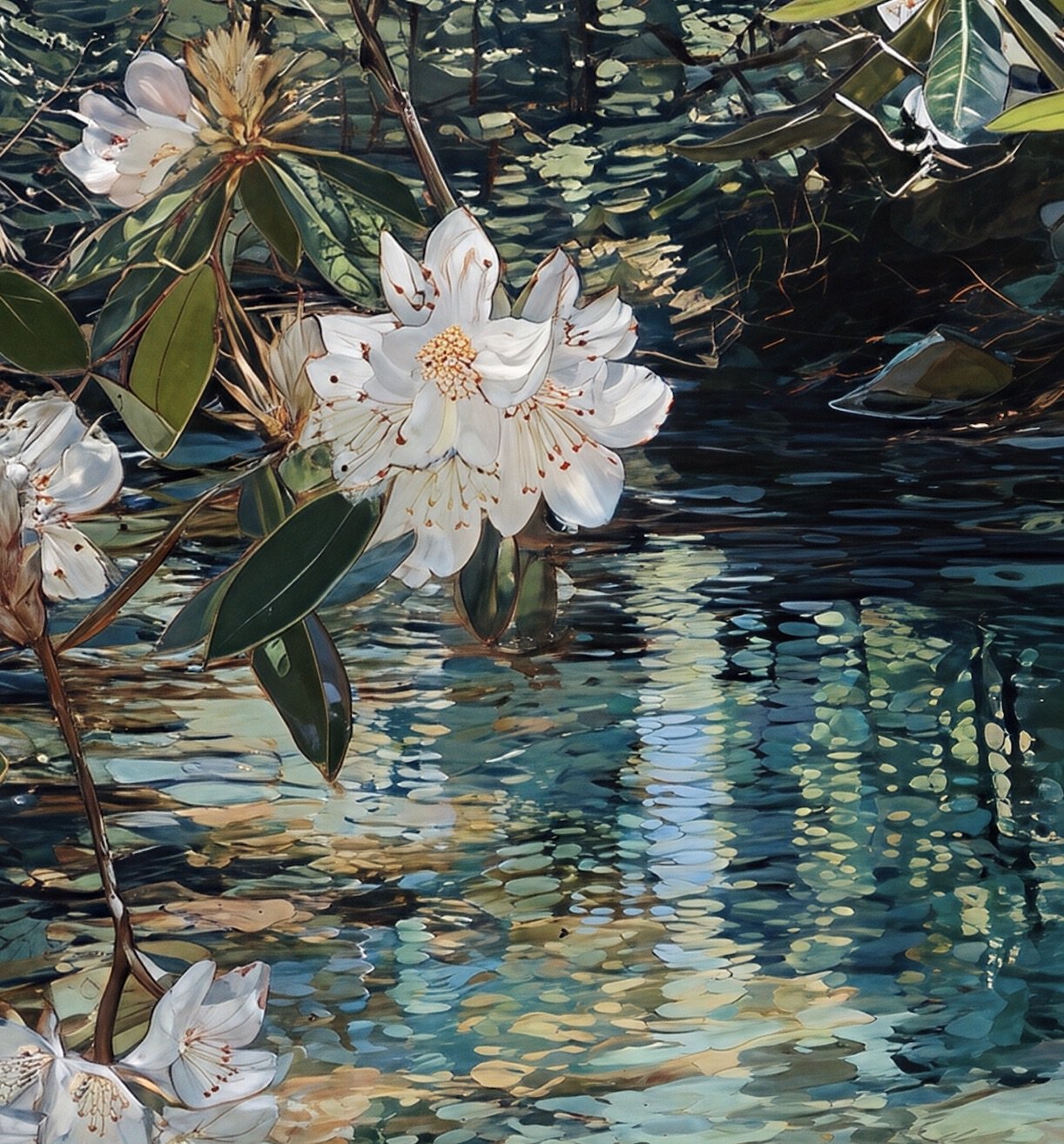 Detail of Great Laurel blossoms and reflected creek stones