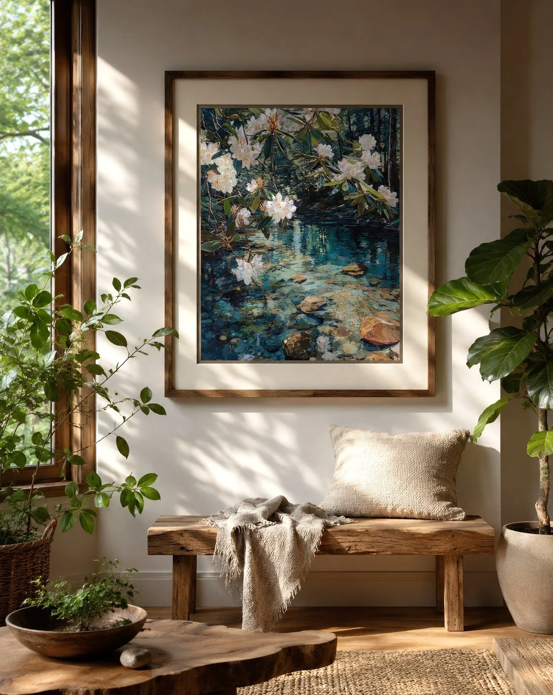 Great Laurel Over Clear Creek fine art paper print shown framed in a sunlit entryway