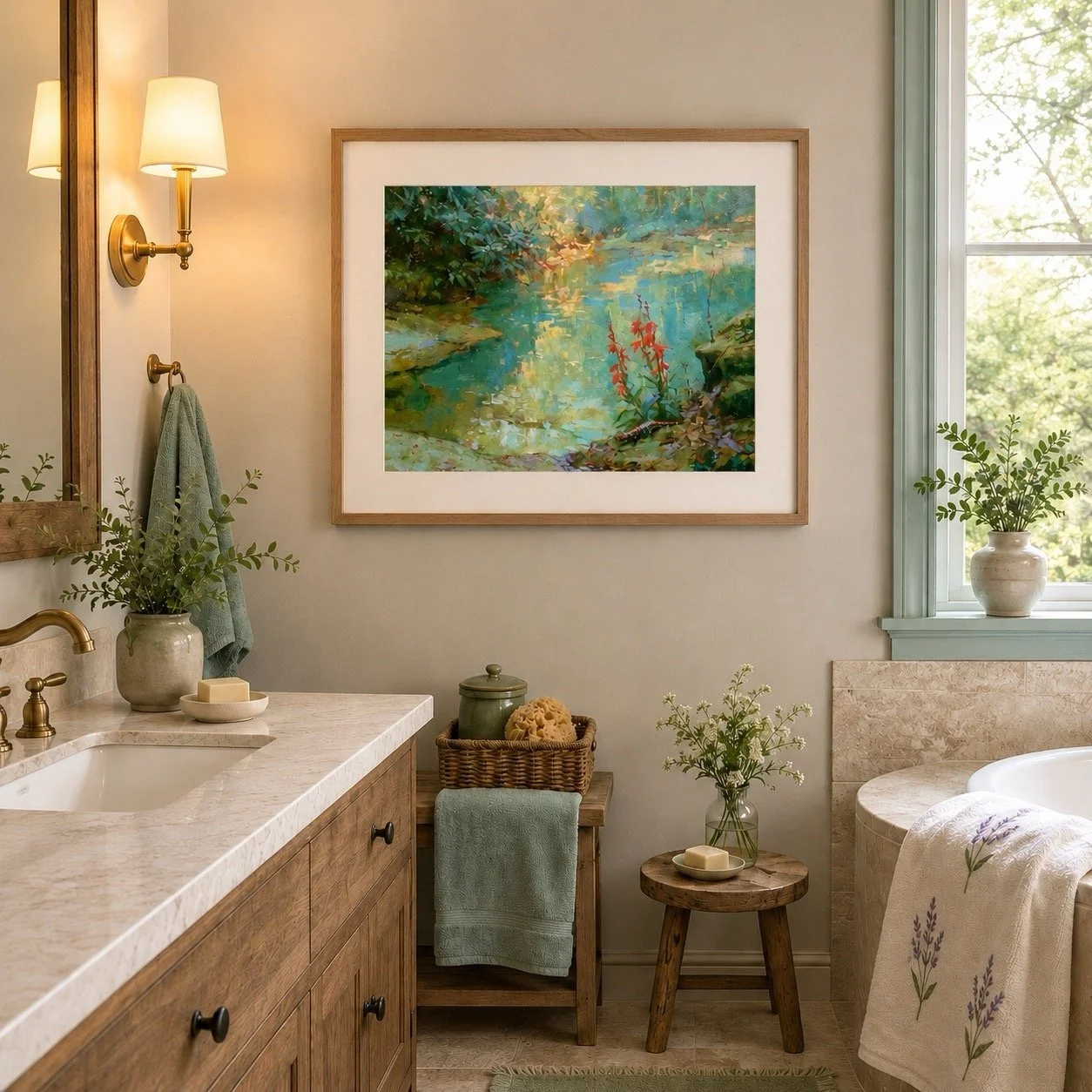 Cardinal Flowers at Water’s Edge archival paper giclée framed in a bright bathroom