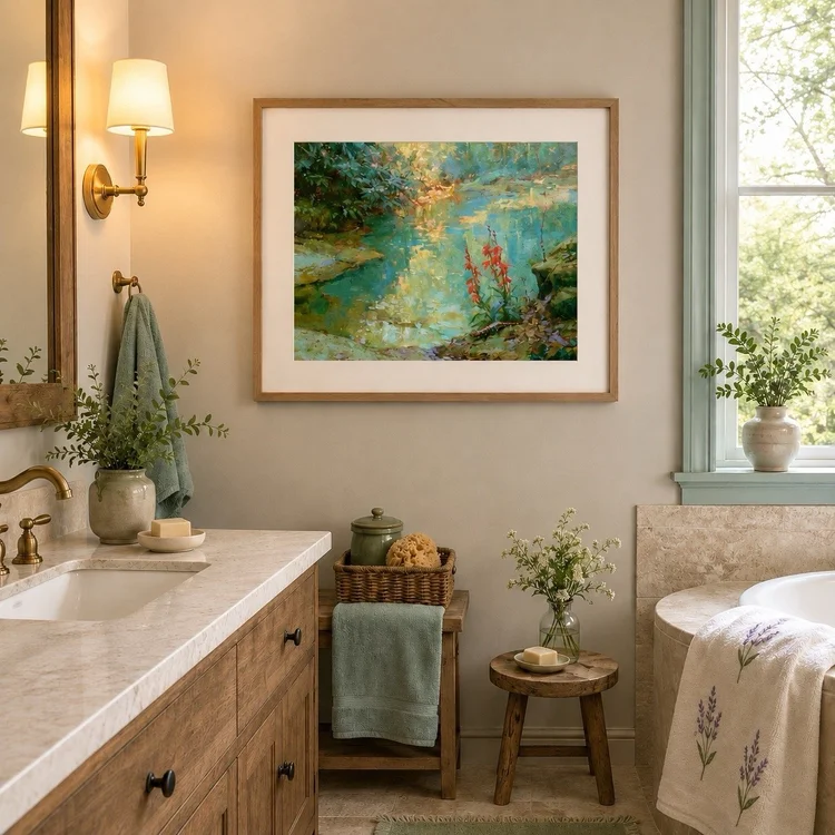 Cardinal Flowers at Water’s Edge archival paper giclée framed in a bright bathroom
