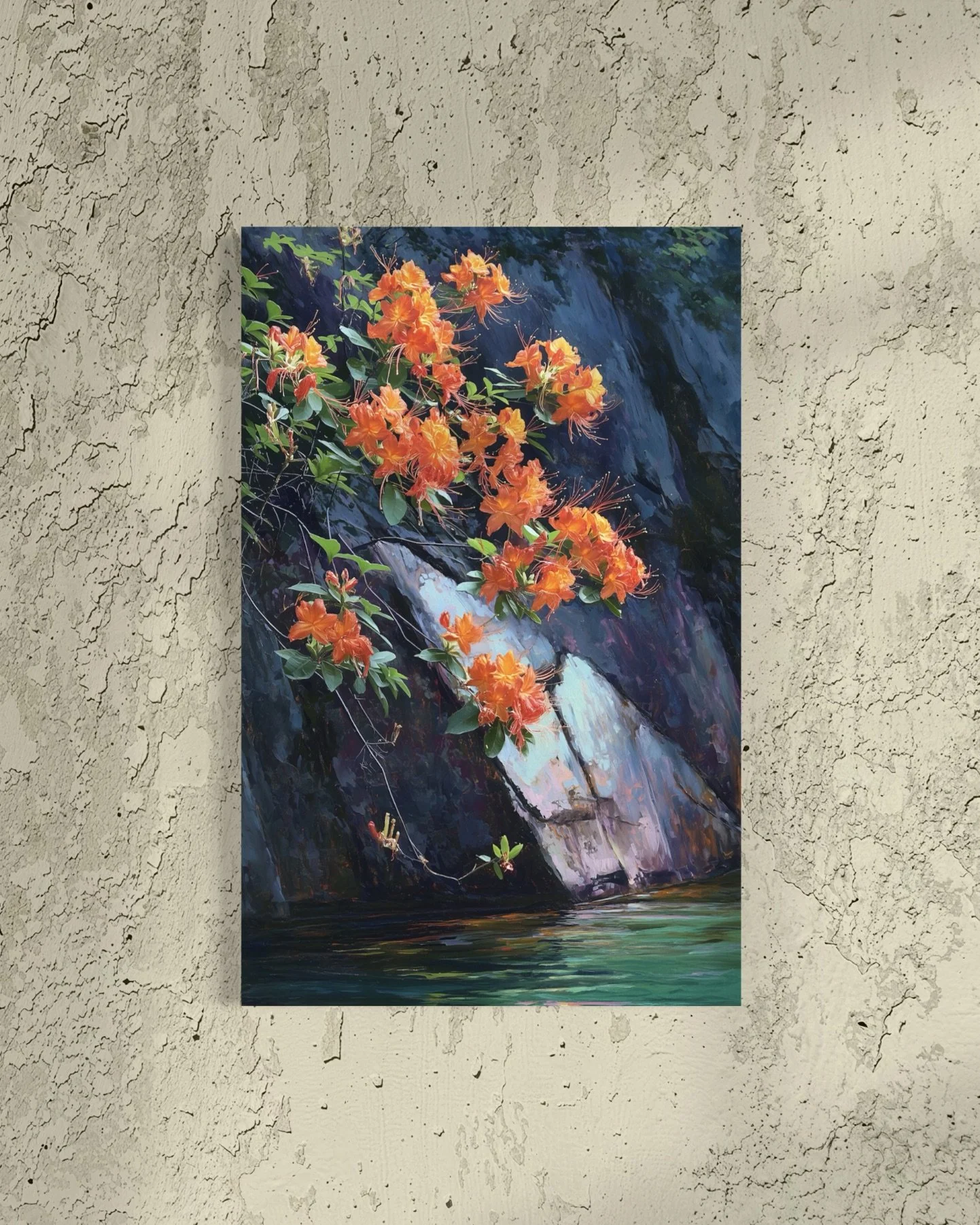 Cumberland Azalea on Purple Sandstone canvas print mockup on textured stone wall