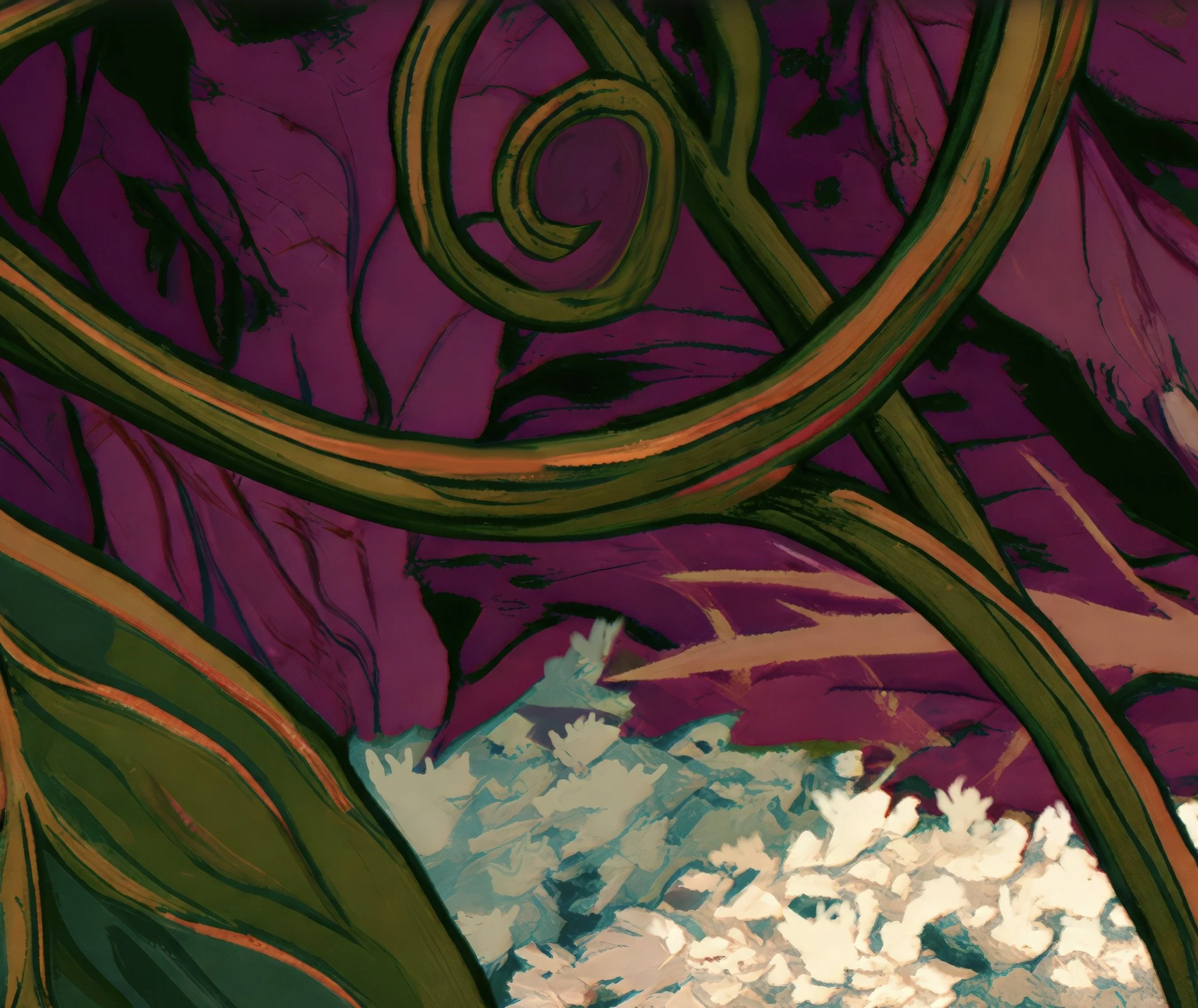Detail crop from Chipmunk Under the Sassafras showing a curling green vine against deep plum woodland shadow and pale branching lichen.