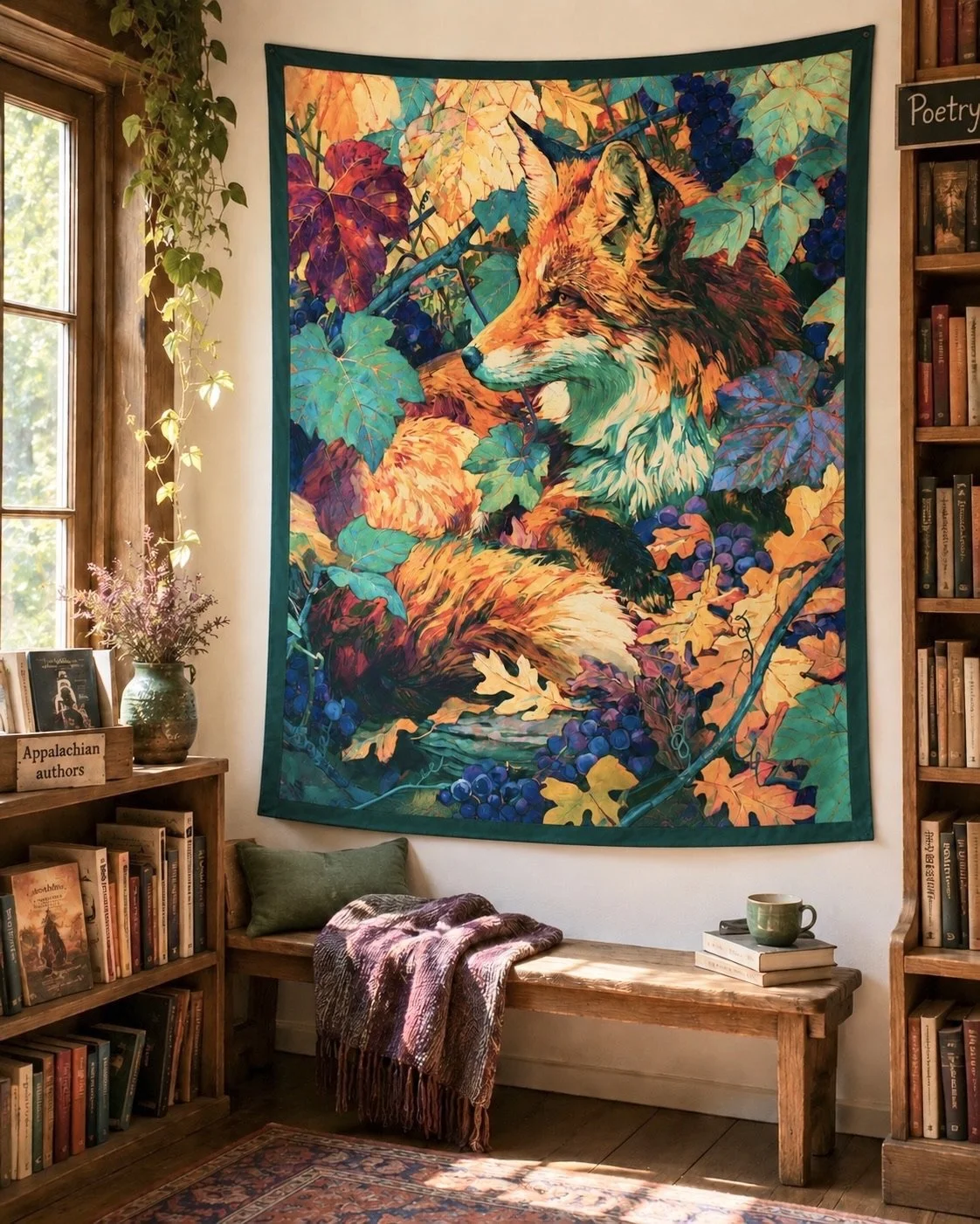 A quiet reading room with books, a bench, and Red Fox in the Muscadine Vines wall tapestry.