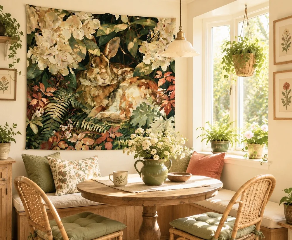 Rabbit in the Rhododendron wall tapestry in a sunlit dining nook