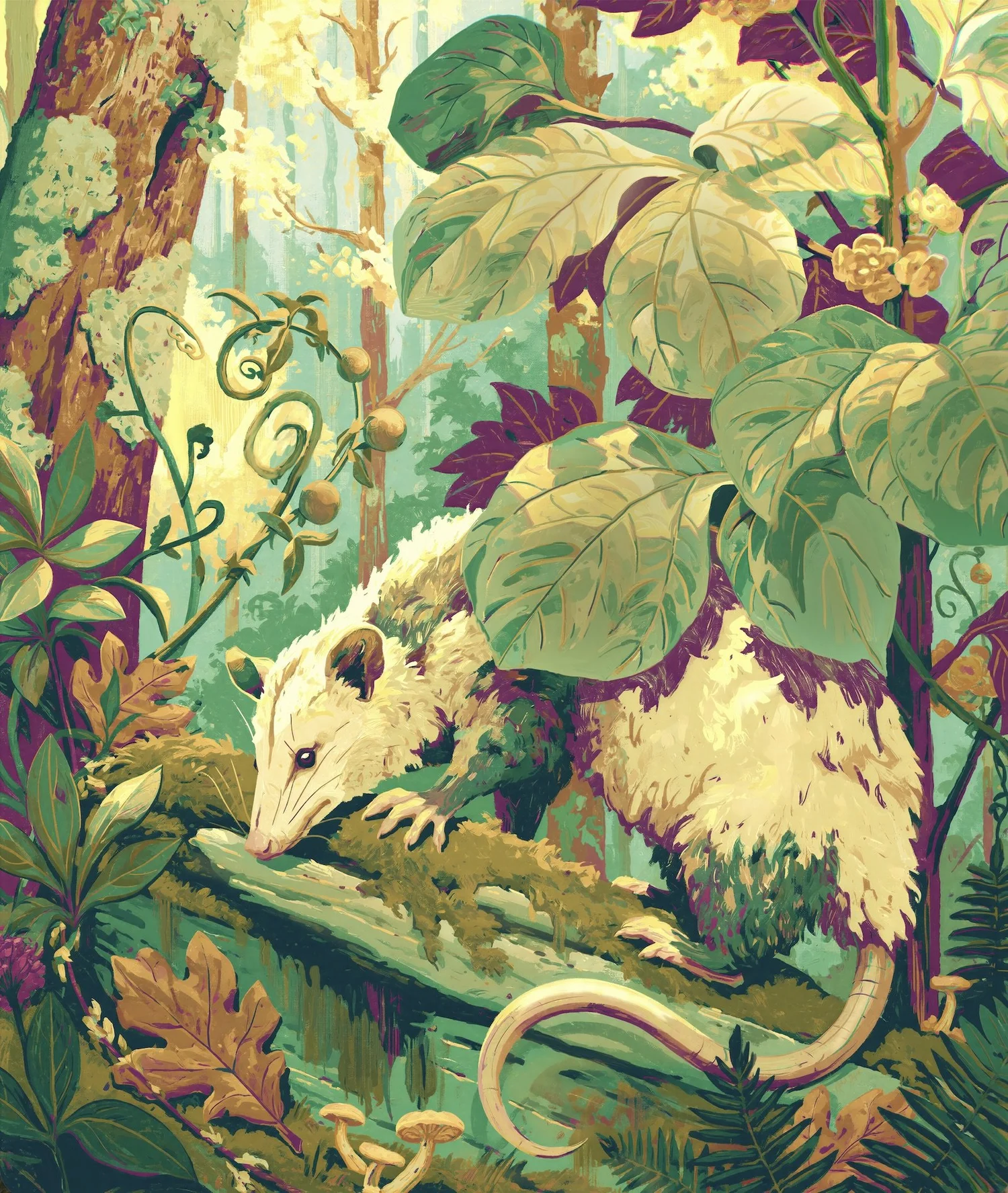 Full Opossum on the Mossy Log artwork with a Virginia opossum, leaves, lichen and mushrooms