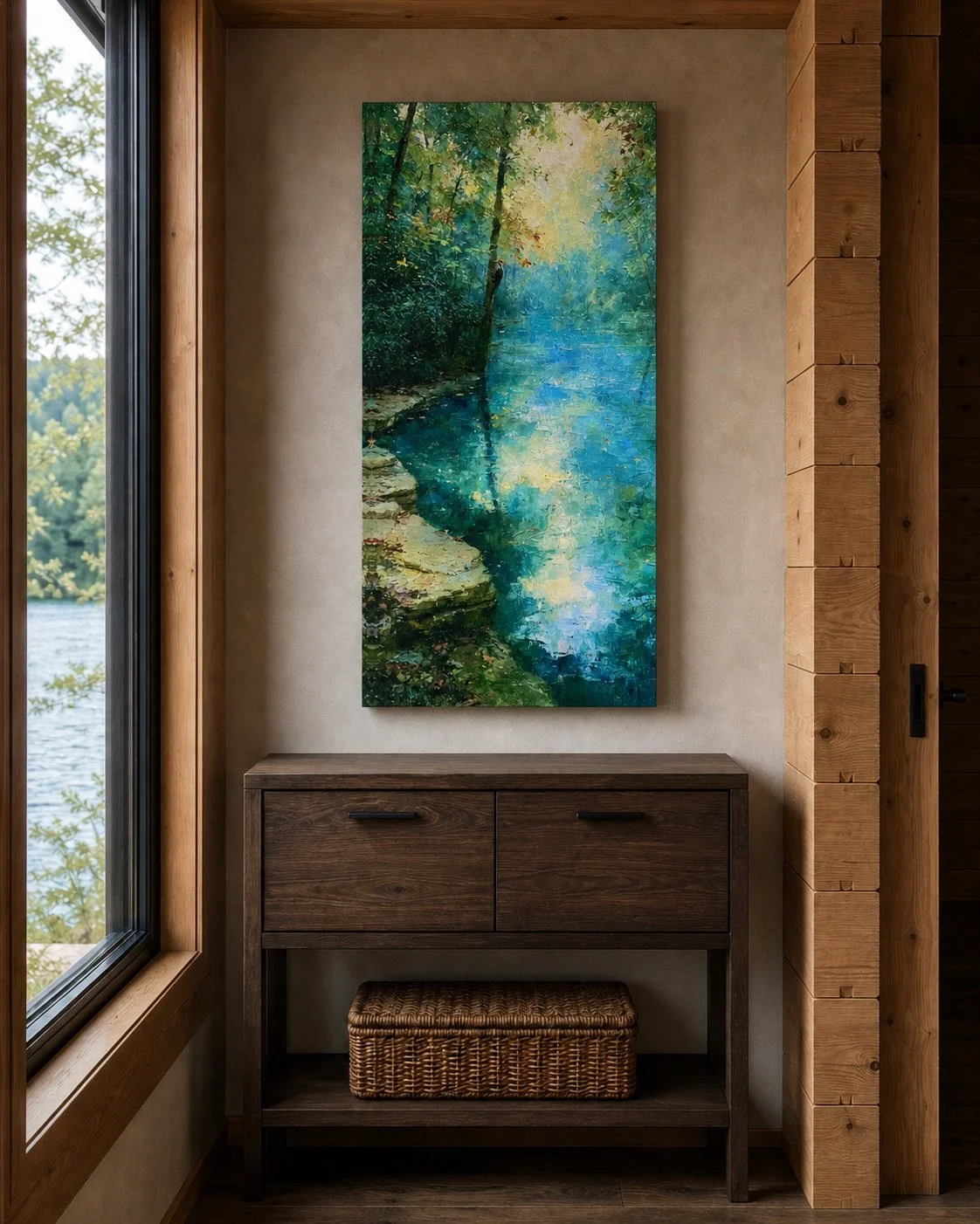 Blue Cove with Rising Light tall panoramic gallery-wrapped Canvas above a dark console in a lakeside passage