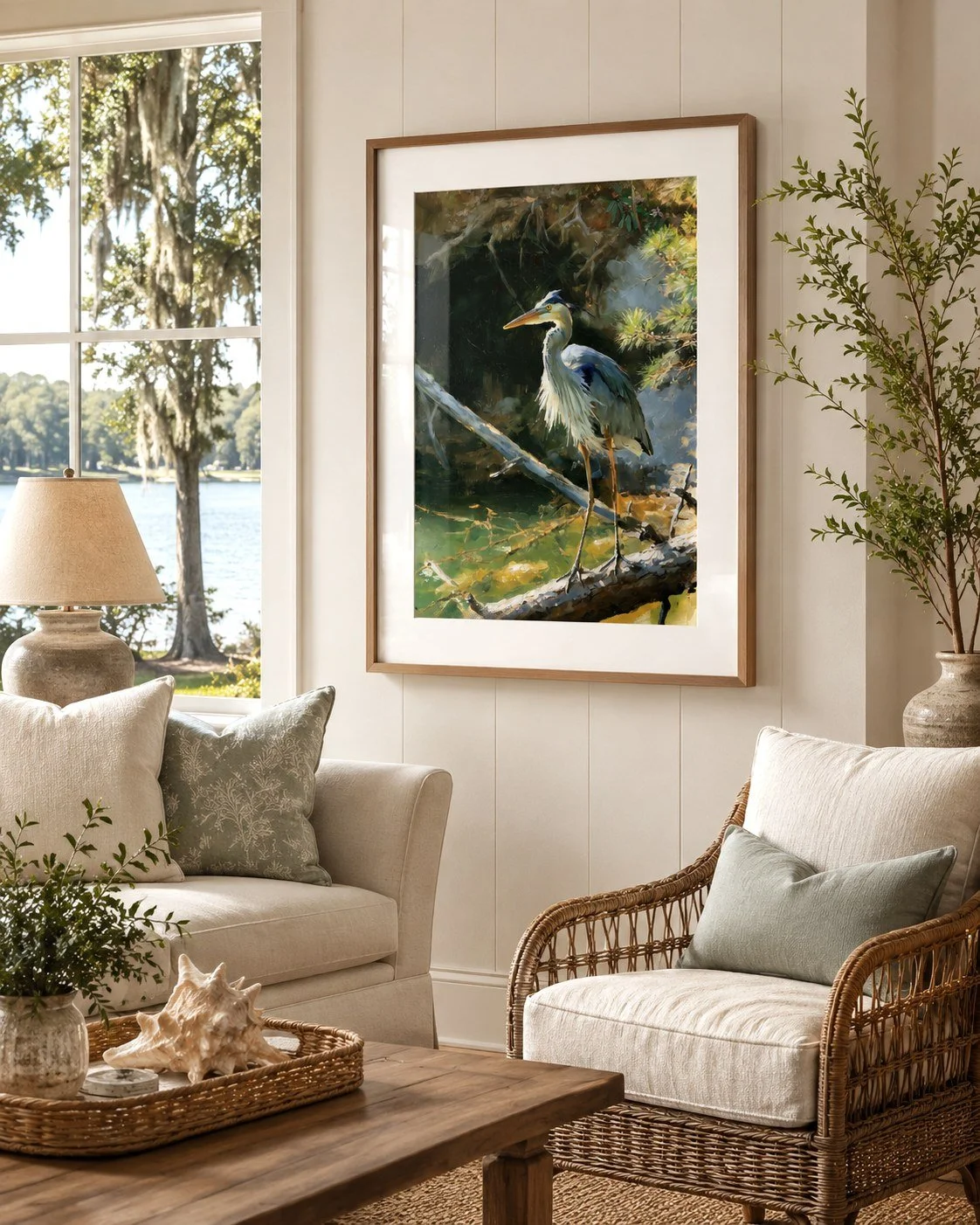 Great Blue Heron giclee print shown framed in a lake living room