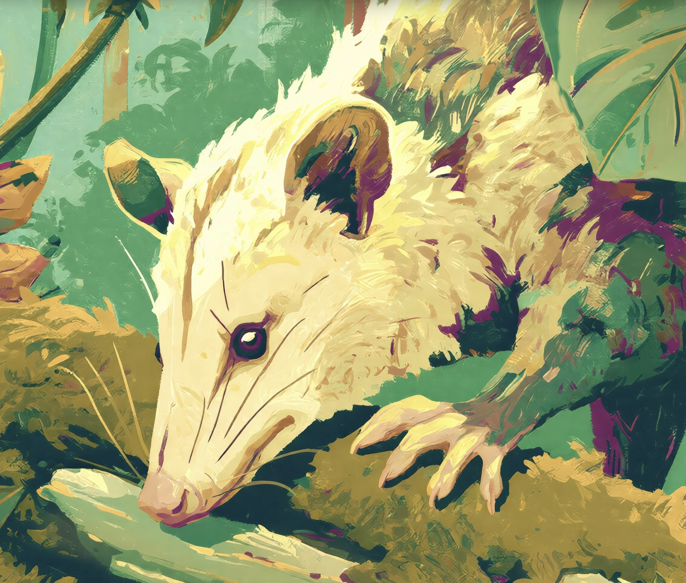 Detail crop from Opossum on the Mossy Log showing the opossum's face, bright eye, whiskers, and forepaw against the woodland setting
