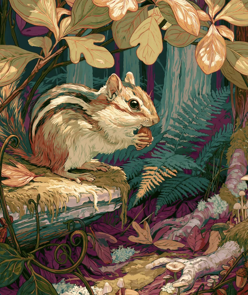 Chipmunk Under the Sassafras artwork with an Eastern chipmunk, sassafras leaves, ferns, fungi, and forest-floor habitat