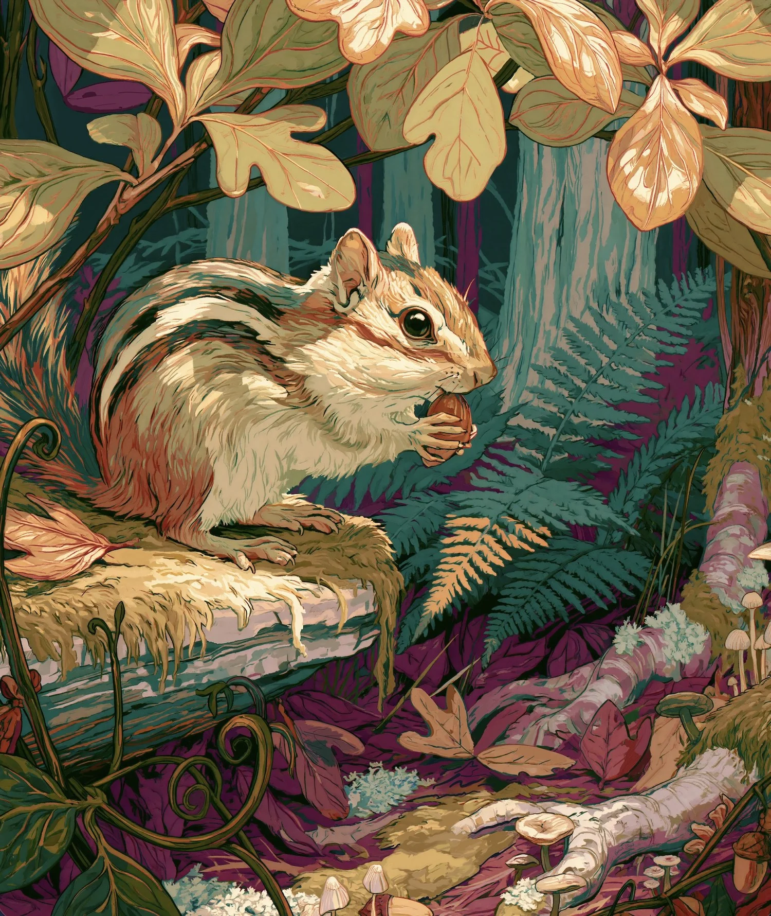 Full Chipmunk Under the Sassafras artwork with an Eastern chipmunk beneath glowing leaves and woodland growth