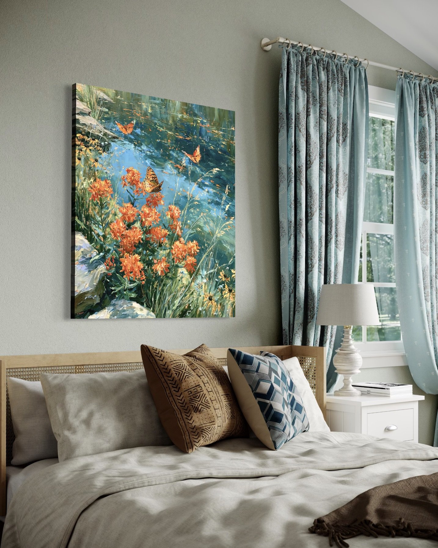 Where the Fritillaries Gather butterfly milkweed canvas print mockup in bedroom with blue curtains