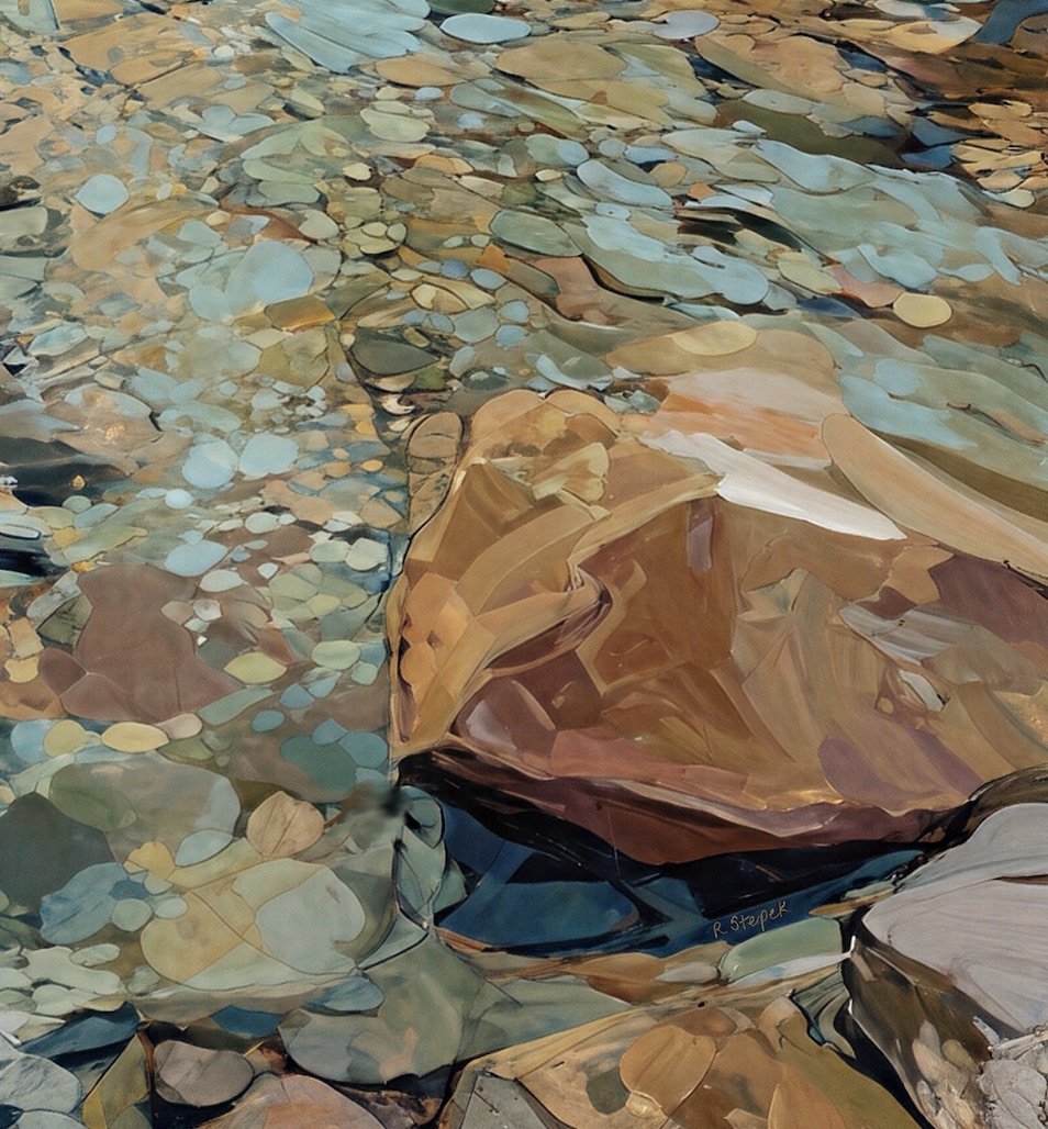 Close detail of clear creek stones and reflected Appalachian water