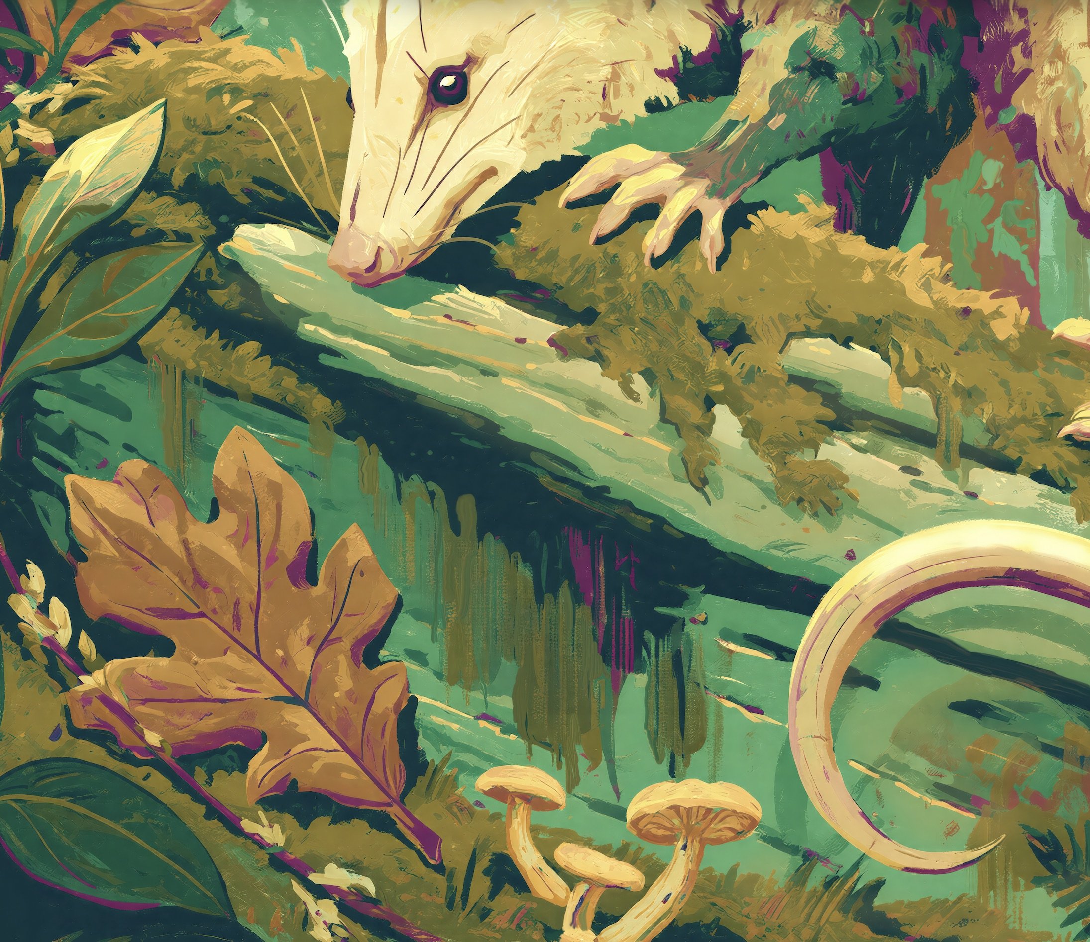 Detail crop from Opossum on the Mossy Log showing the moss-covered log, layered oak leaves, woodland mushrooms, and forest-floor texture