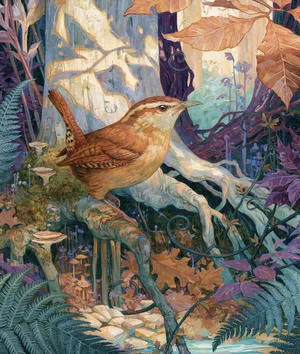 Carolina wren among smooth beech roots, ferns, mushrooms, and copper woodland leaves in artwork by Rachel Stepek
