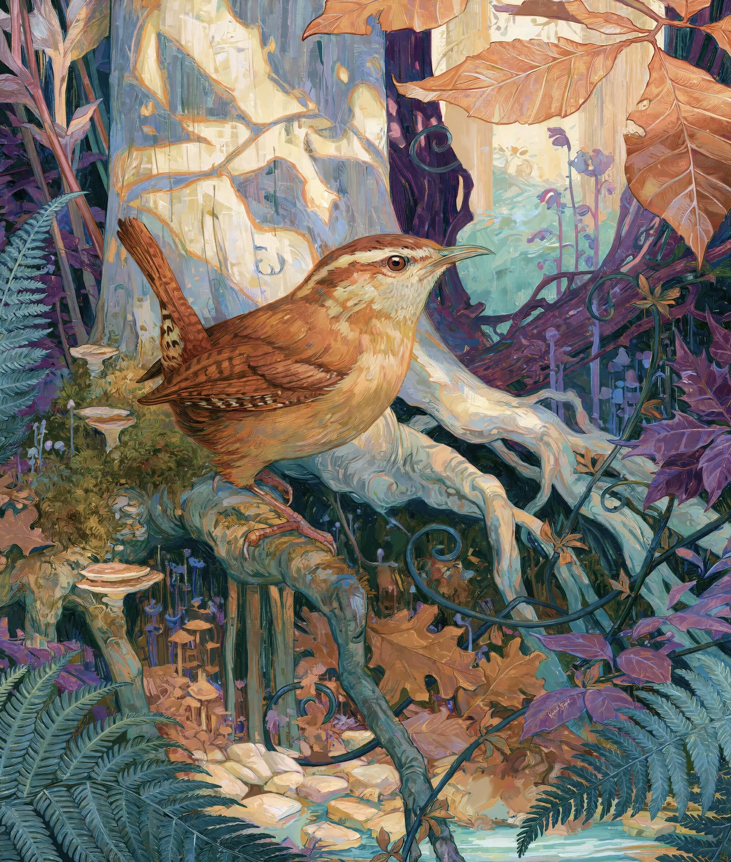 Full Carolina Wren in the Beech Roots artwork with a wren among pale roots, ferns, moss and woodland leaves