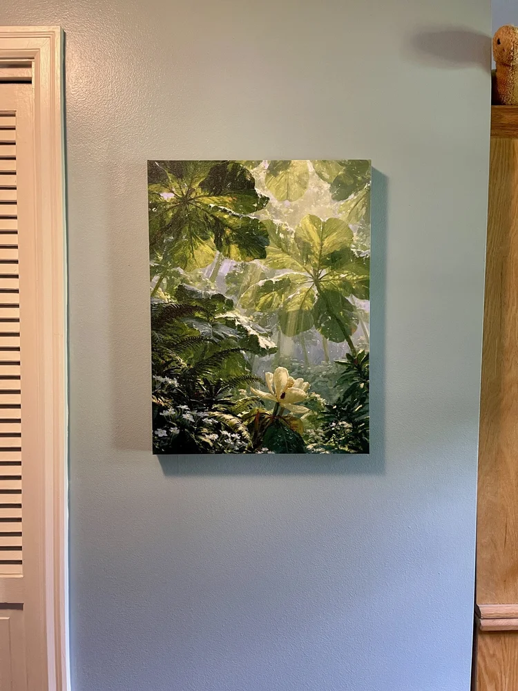 Beneath Ancient Leaves matte canvas photographed by Rachel in a front foyer