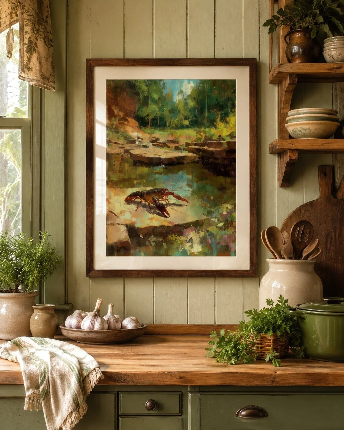 Crawfish at the Water’s Edge archival paper giclée shown framed in a rustic lake-house kitchen