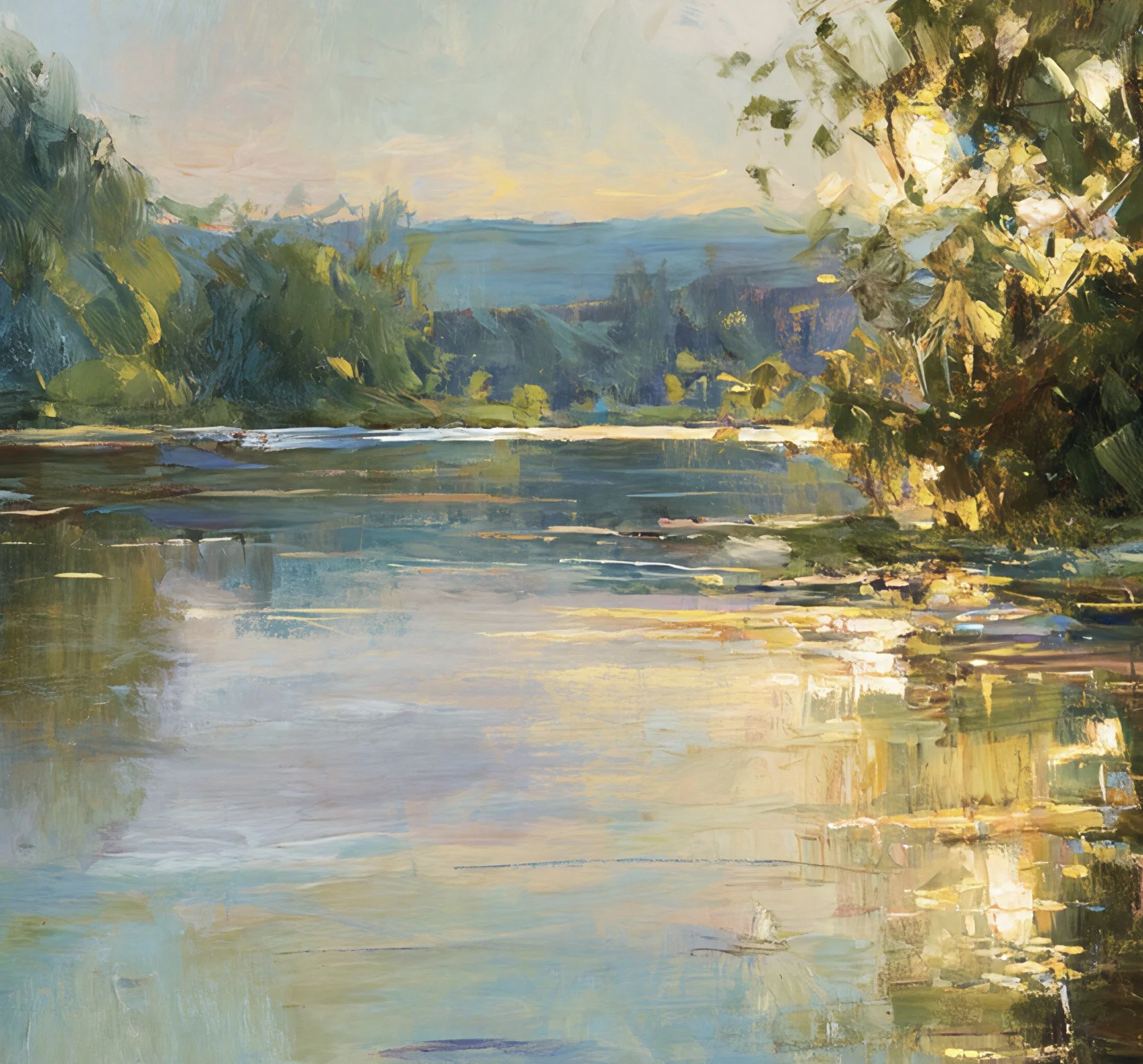 Detail of gold sunlight and blue hills reflected in the water in Blue Hills with Lilac in the Water