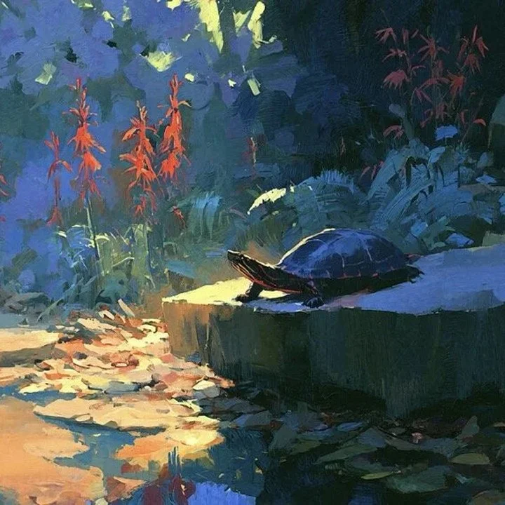 Turtle, cardinal flowers, blue shade, and freshwater-bank light in Cardinal Flowers and Turtle in Shade