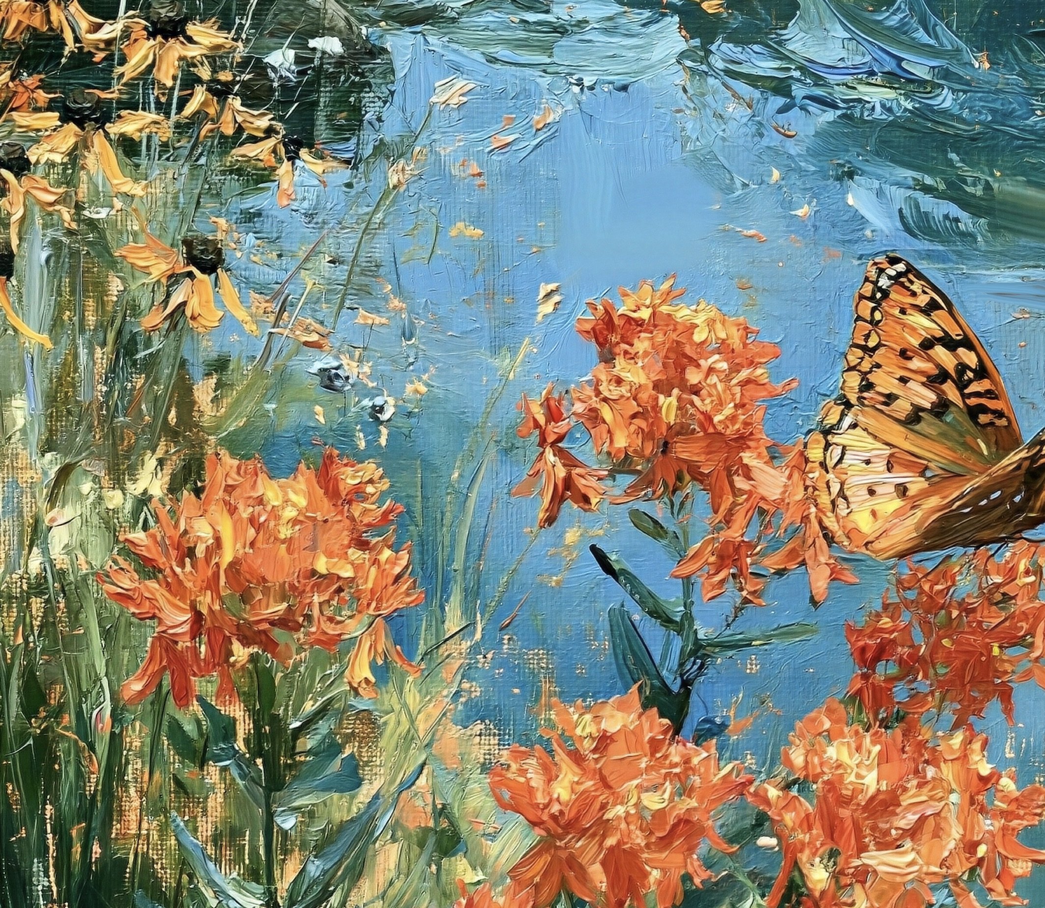 Close detail of a fritillary butterfly near orange butterfly milkweed blooms