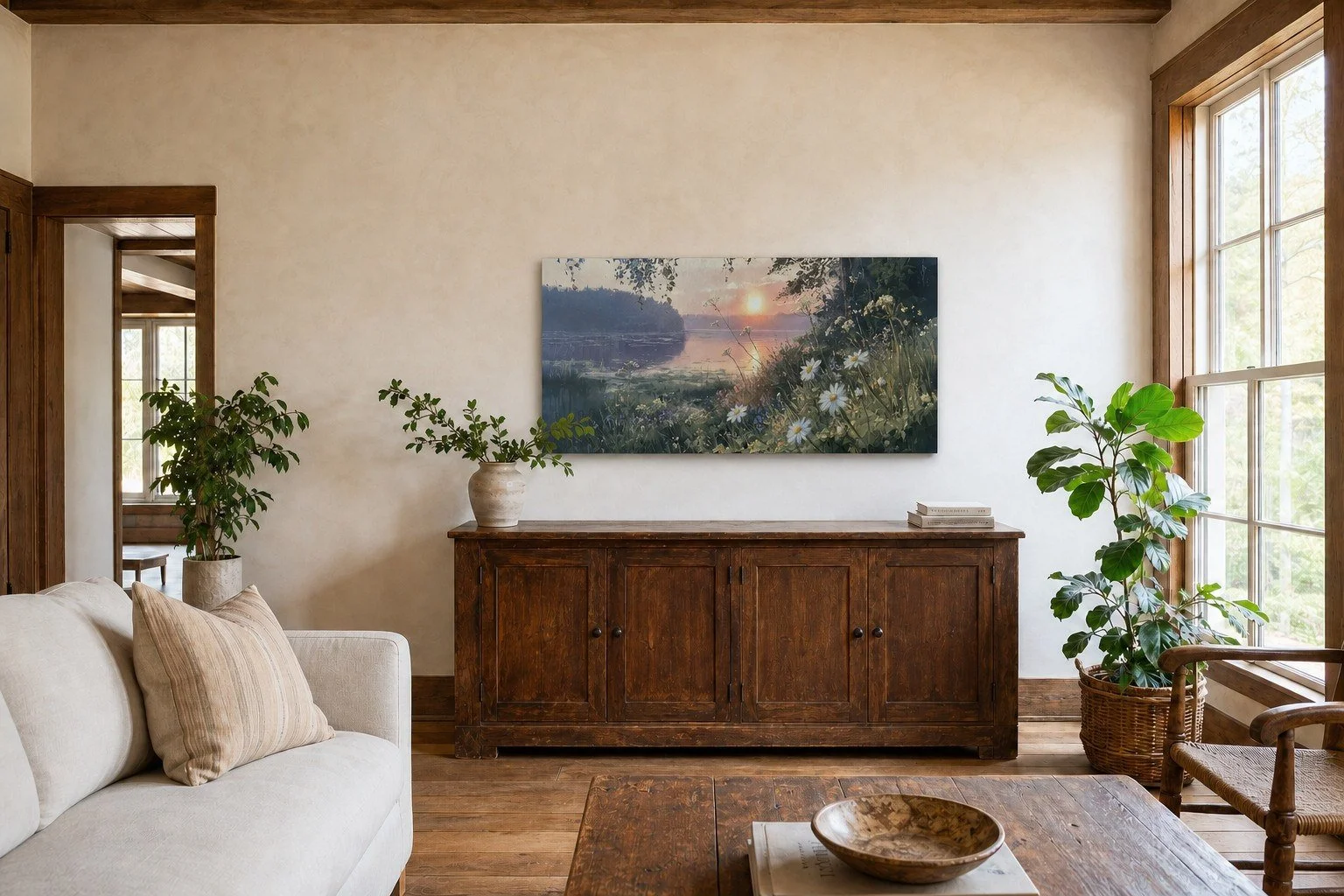 High Top Evening Daisies large horizontal gallery-wrapped Canvas above a dark chestnut sideboard in a lake-home living room.
