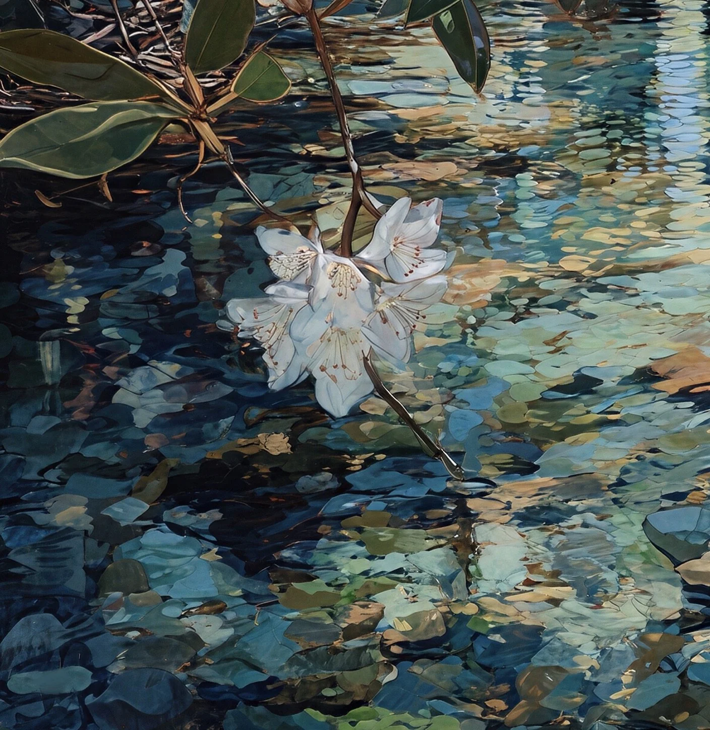 Great Laurel detail with white bloom, clear creek stones, and reflected blue-green water
