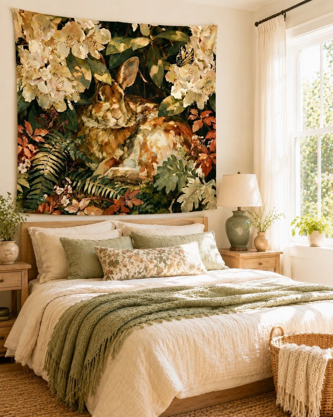 A warm bedroom with a bed beneath Rabbit in the Rhododendron wall tapestry.