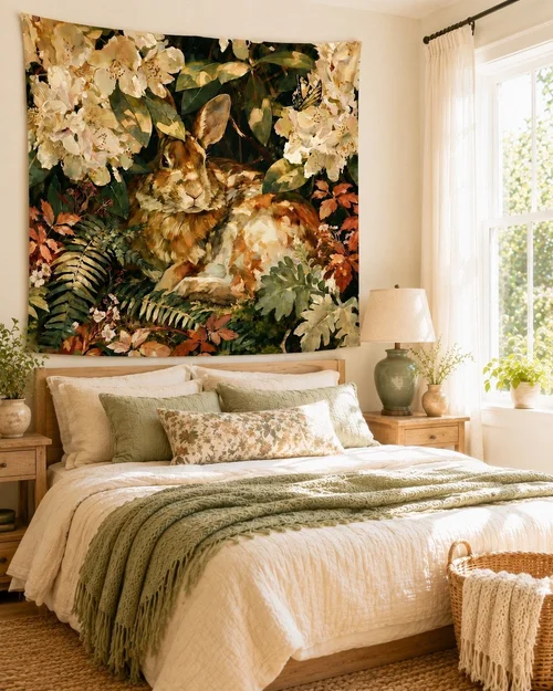 A warm bedroom with a bed beneath Rabbit in the Rhododendron wall tapestry.