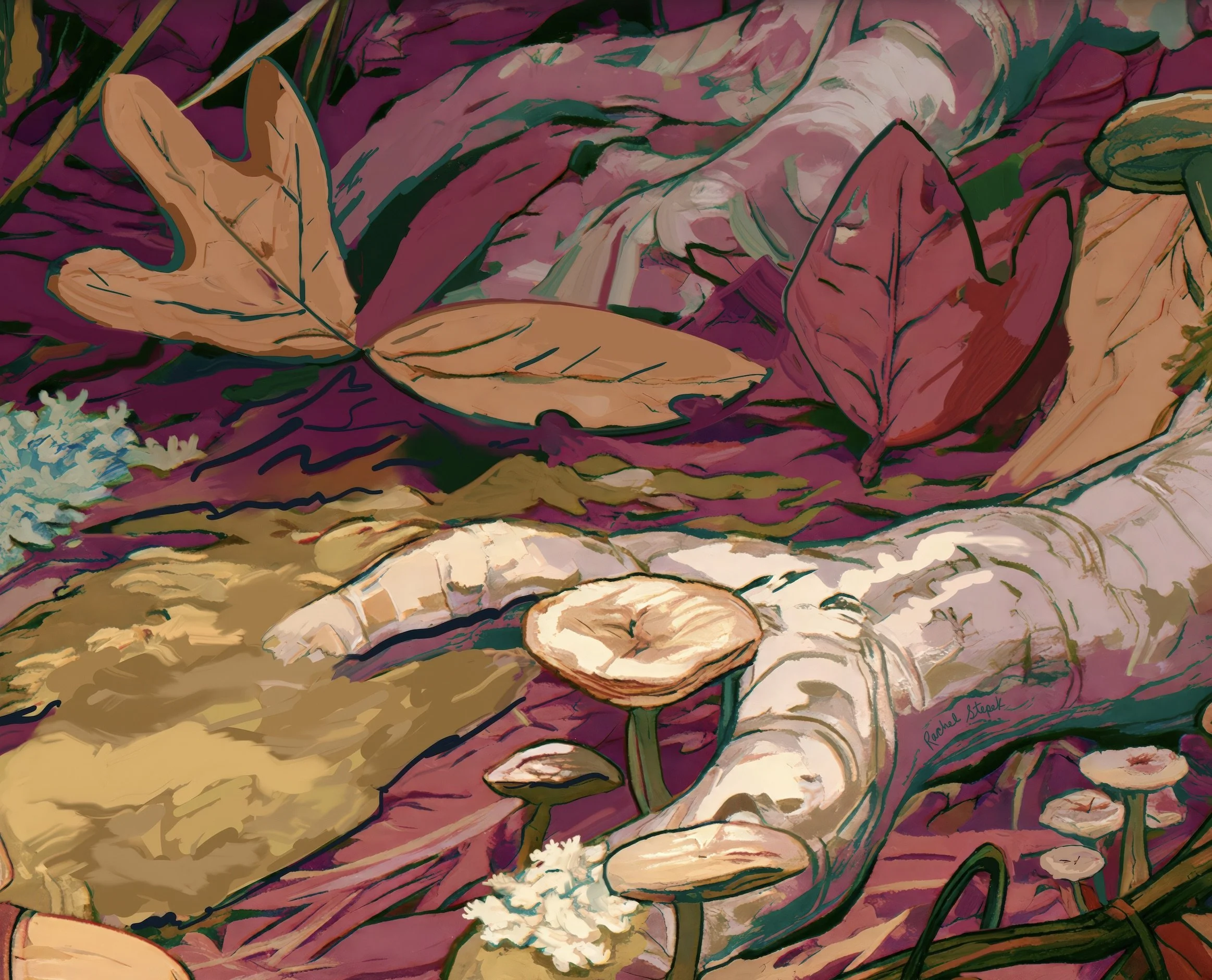 Detail crop from Chipmunk Under the Sassafras showing tiny cream mushrooms growing from a weathered branch among moss, lichen, and autumn leaves.