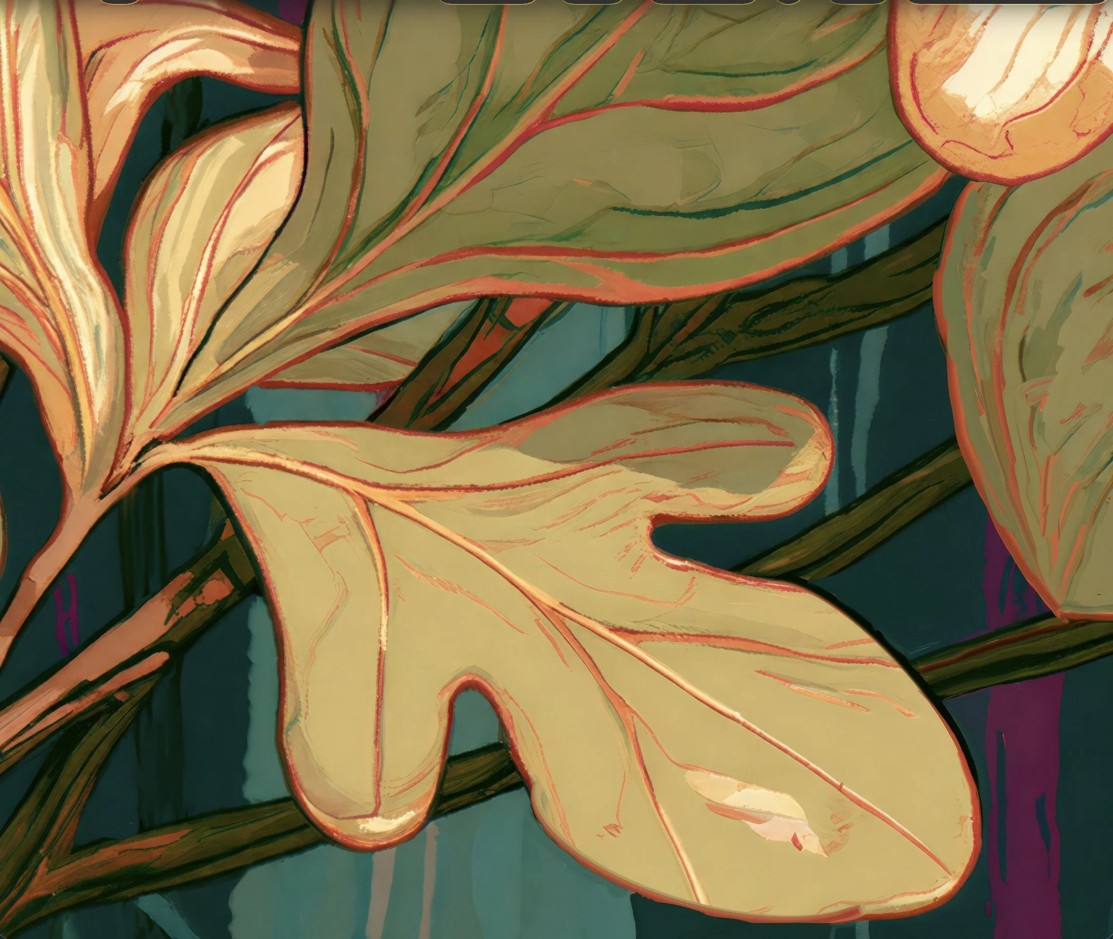Detail crop from Chipmunk Under the Sassafras showing glowing gold-green sassafras leaves against deep teal and plum woodland color.