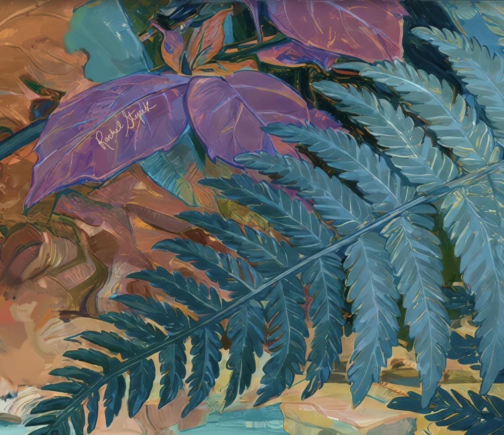Artwork detail showing blue-green ferns, copper leaves, beech roots, and woodland color from Carolina Wren in the Beech Roots