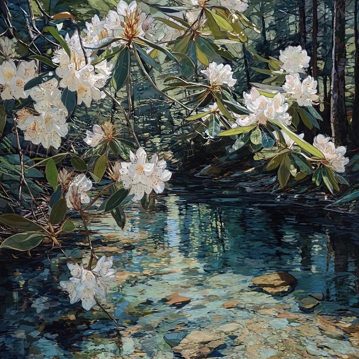 White rhododendron blooms above clear blue-green creek water in Great Laurel Over Clear Creek
