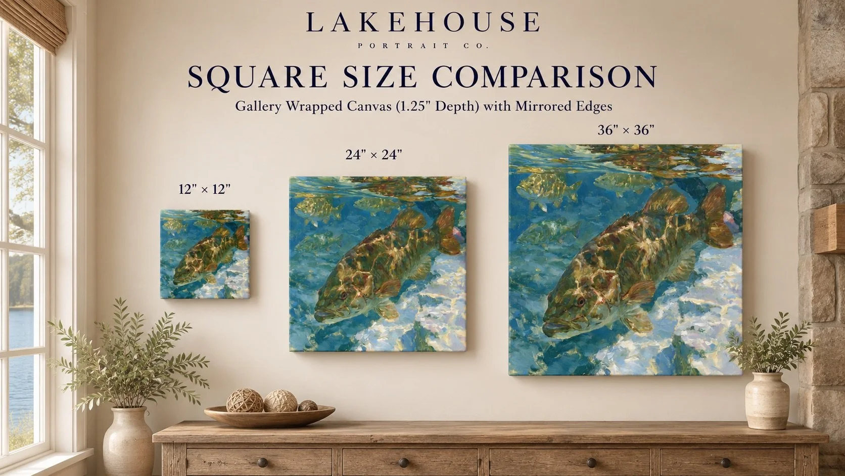 Square canvas size comparison guide showing 12 x 12, 24 x 24, and 36 x 36 gallery wrapped canvas sizes with Smallmouth Bass in Clear Water artwork.