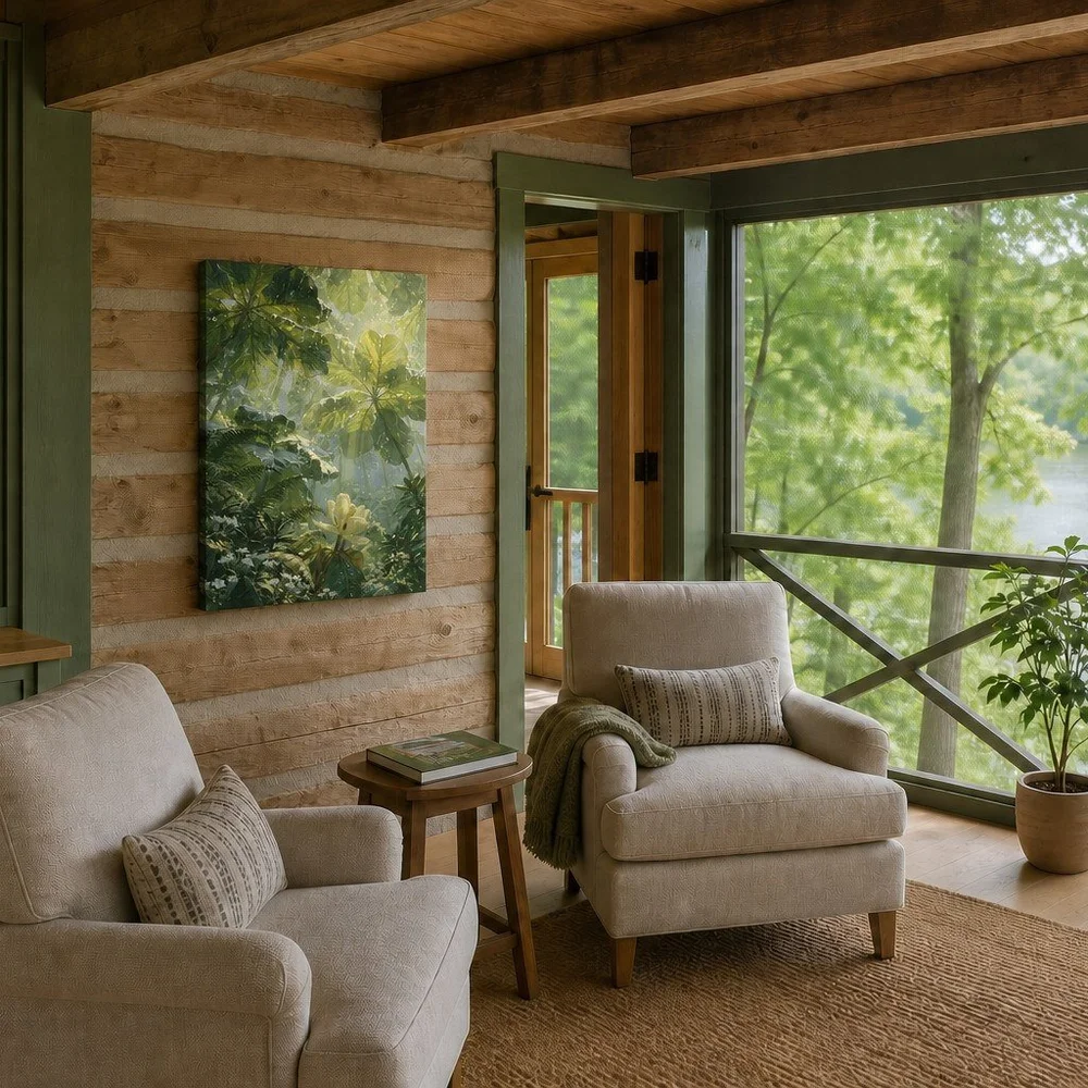 Beneath Ancient Leaves medium gallery-wrapped Canvas in a screened porch reading room with the lake outside