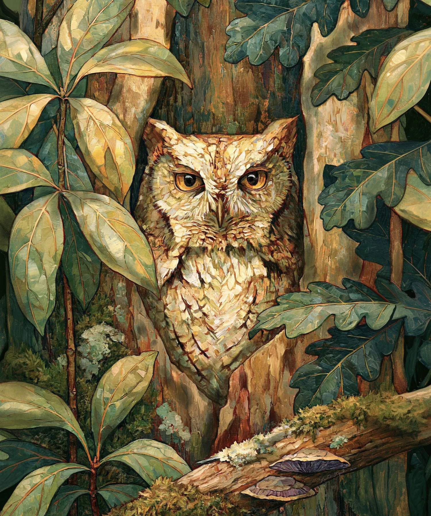 Full Eastern Screech Owl artwork with an owl inside a tree hollow among oak leaves, moss and fungi